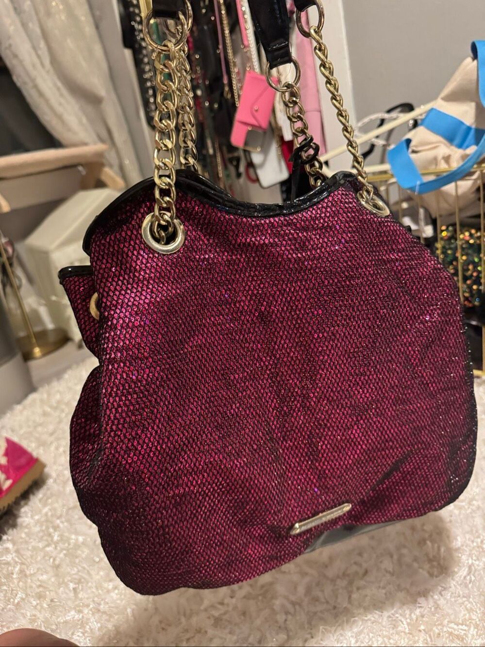 Vintage betsey johnson pink & black sequin fishnet mesh tote bag purse satchel - Picture 2 of 10